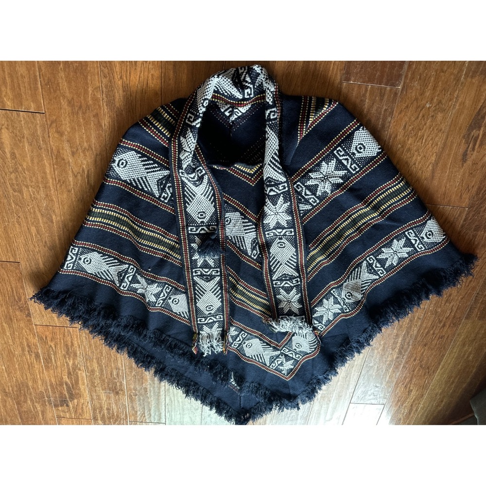 Ethnic Style Poncho Cape Cover Up Shawl Fringe Trim Aztec Southwest Bohemian